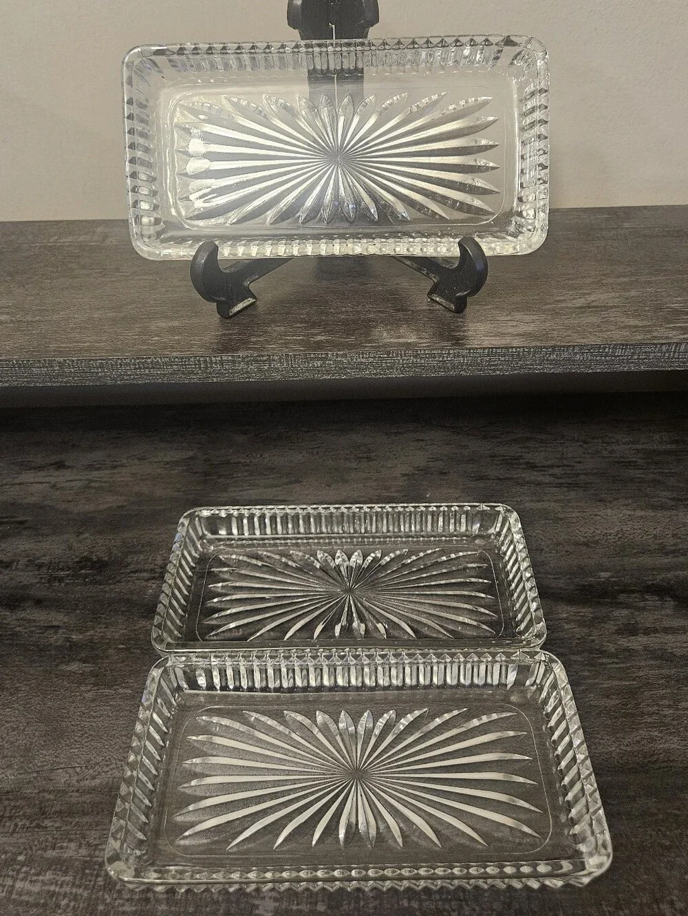 3 VTG Clear Pressed Glass Starburst Rectangular Trinket Dishes / Relish Trays
